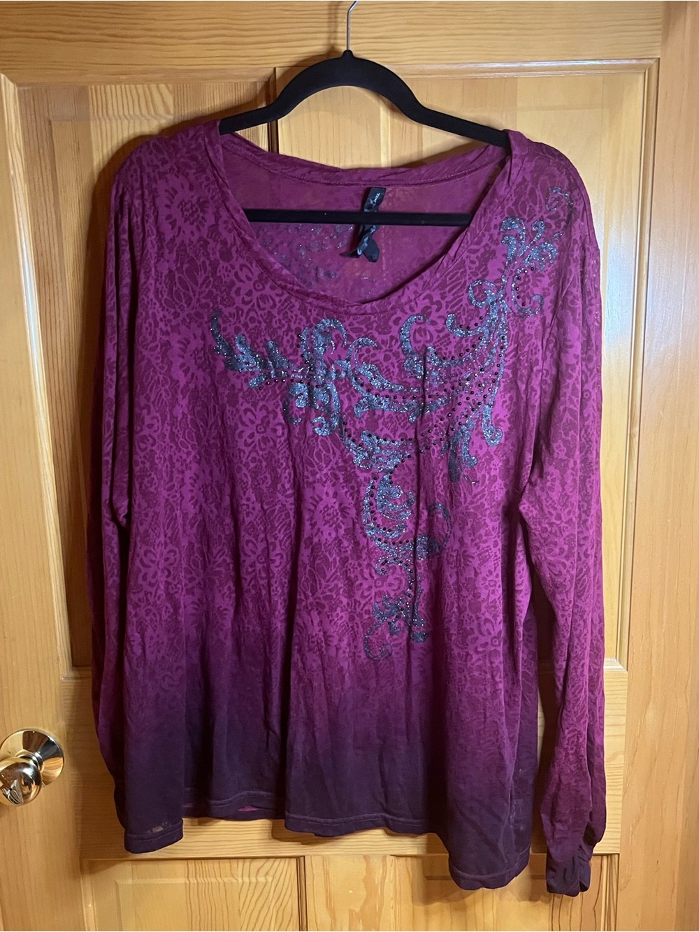 Embellished Scoop Neck Long Sleeve Top - Berry Plum